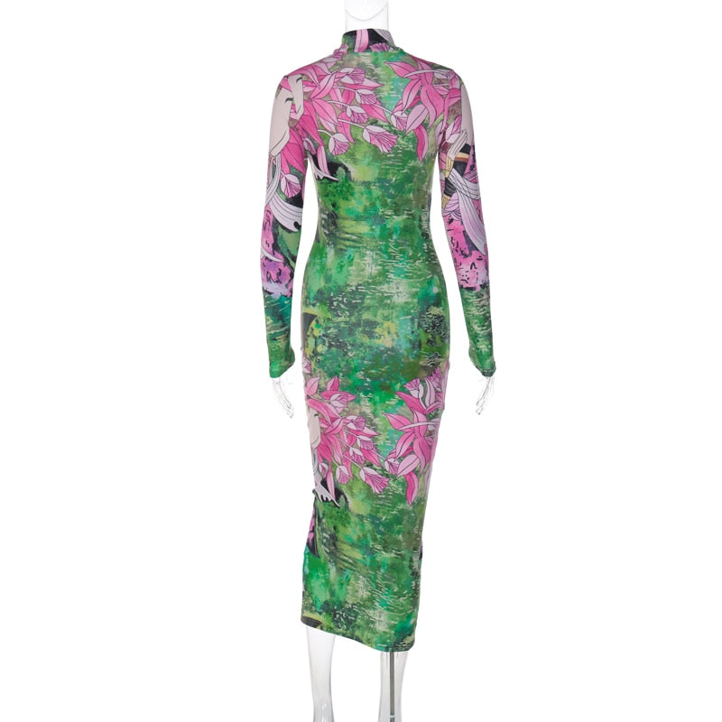 Floral Printed Long Sleeve Bodycon Midi Dress