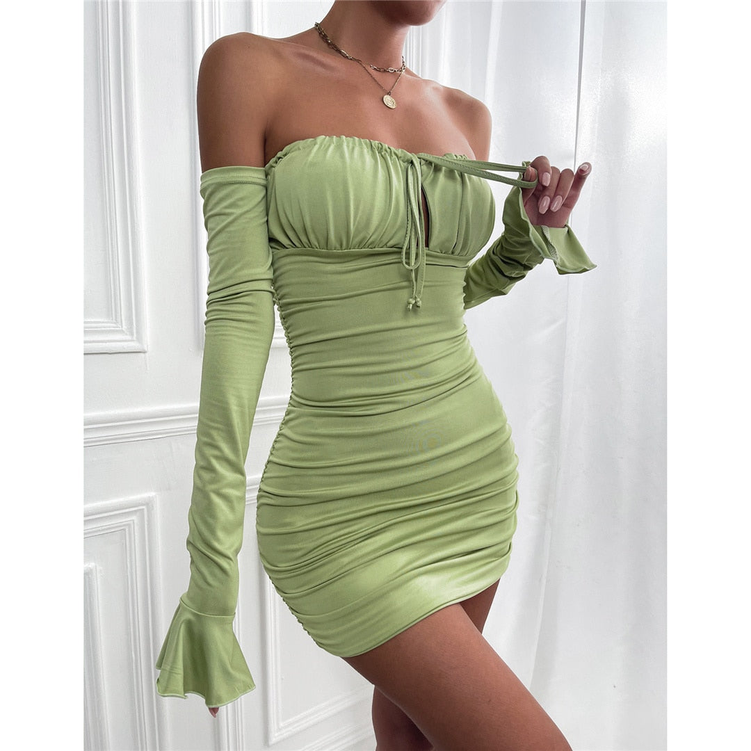 Off Shoulder Long Sleeve Hollow Chest Tie Dresses