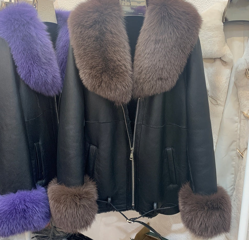 Genuine Leather Coats Real Shearling Fur Collar & Cuffs