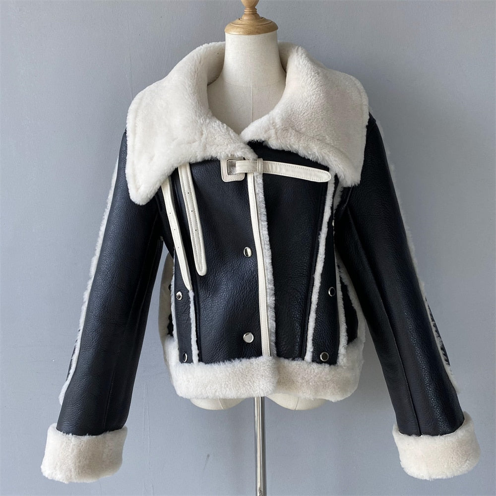 Genuine Leather Shearling Double Face Fur Coat
