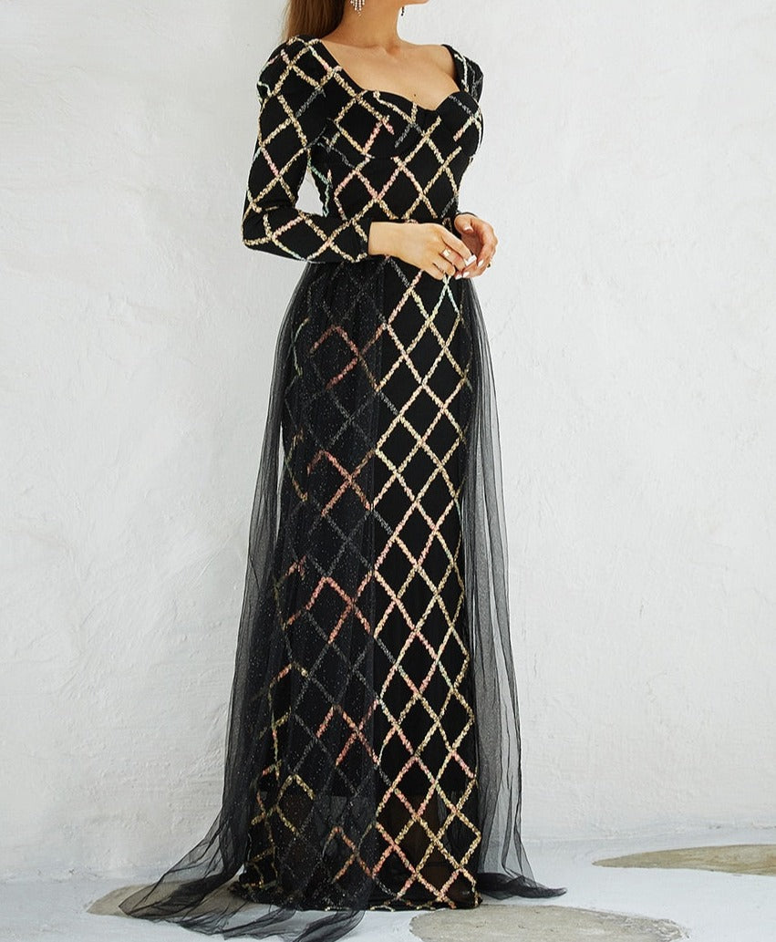 Sequin Mesh Side Drape Sleeved Maxi Dress