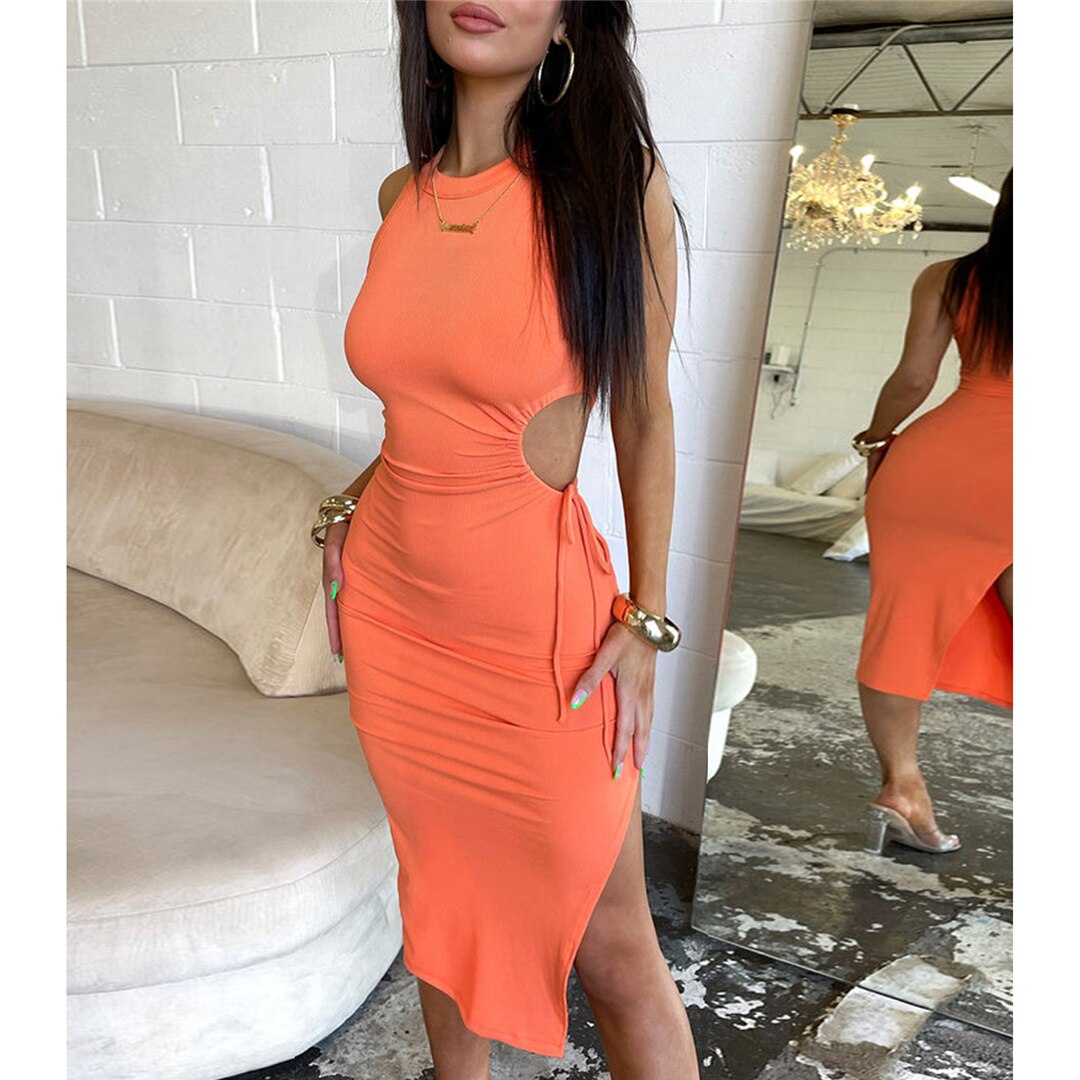 Orange O Neck Sheath Split Mini Dress