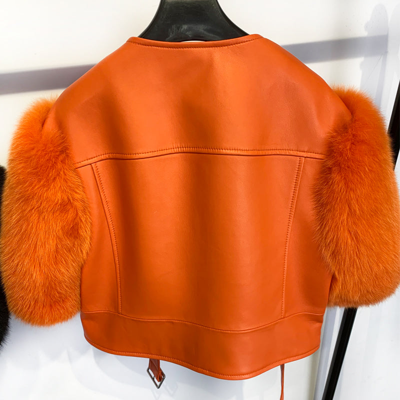 Genuine Leather Short Fur Sleeve Moto Crop Jackets
