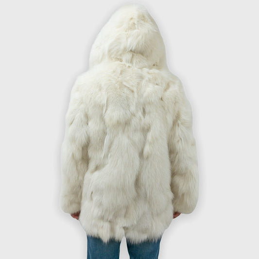 White Real Fur Coat Mid-Length Hooded