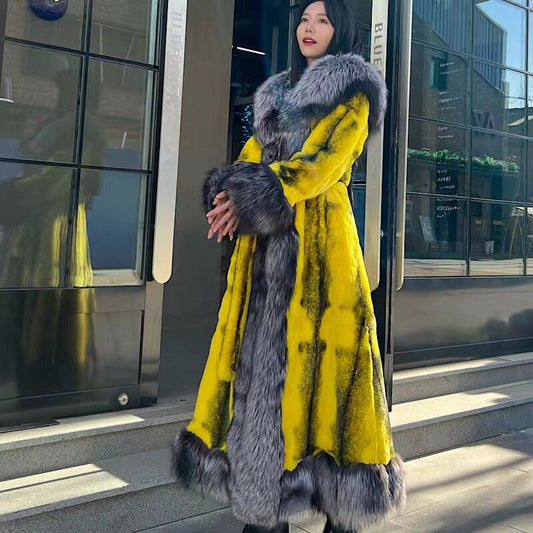 Luxury Real Rabbit Fur X-Long Coats Real Fur Lapel Collar