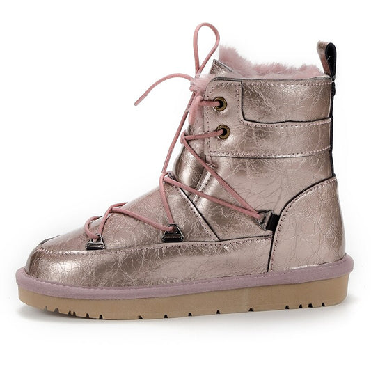 Patent Leather Natural Wool Fur Lined Snow Boots Waterproof