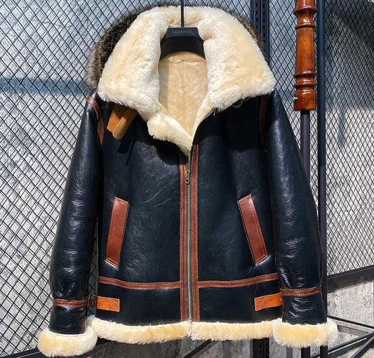 Genuine Leather Shearling Two Tone Hooded Jacket
