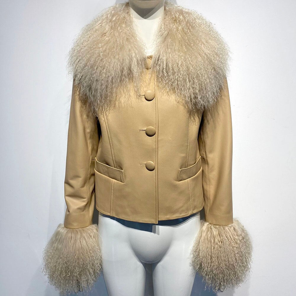 Genuine Leather Jacket Mongolian Sheep Fur Collar & Cuffs