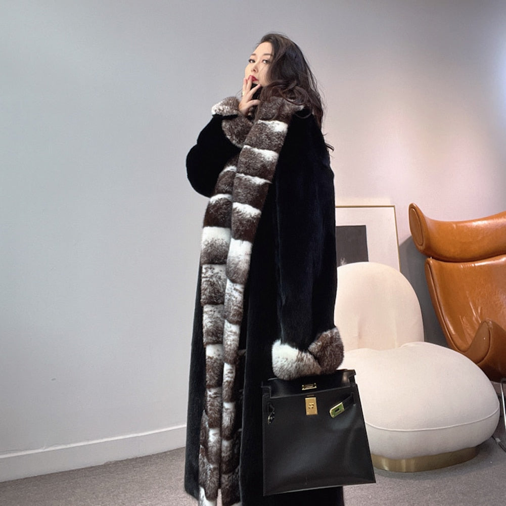 Black Mink Fur X-Long Coat Big Lapel Collar