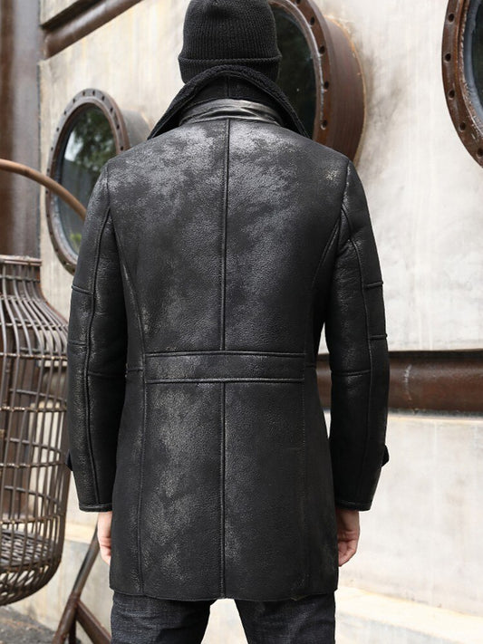 Genuine Leather Double Breasted Real Fur Lining Mid Length Coat