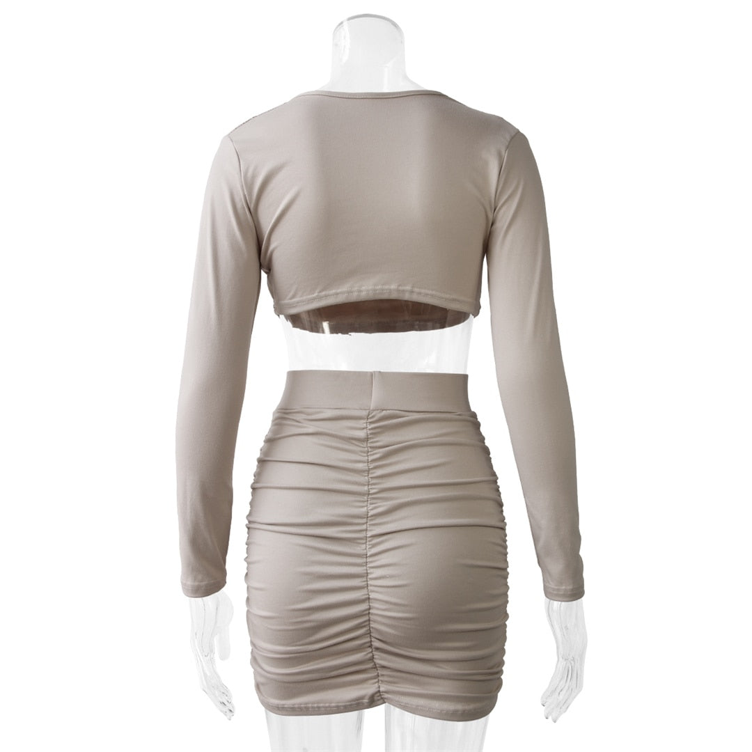 Crop Pleated Long Sleeve & Mini Skirt Set