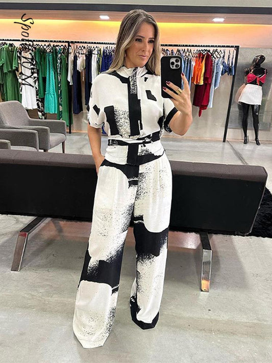 Printed Short Sleeve Blouse & Wide Leg Pant Set