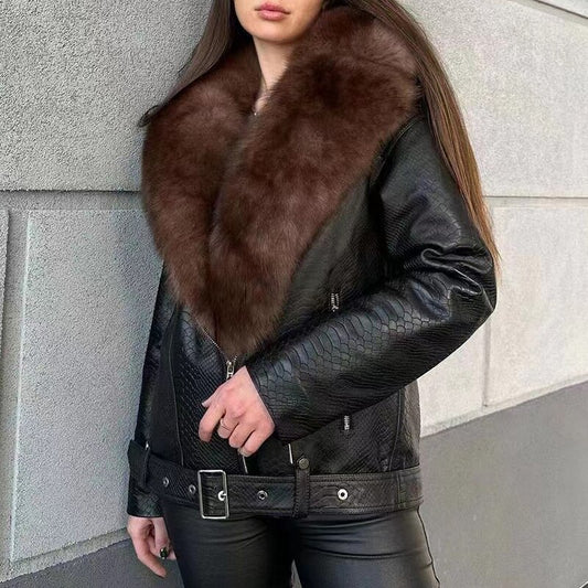 Reptile Genuine Leather Jacket Real Fox Fur Collar