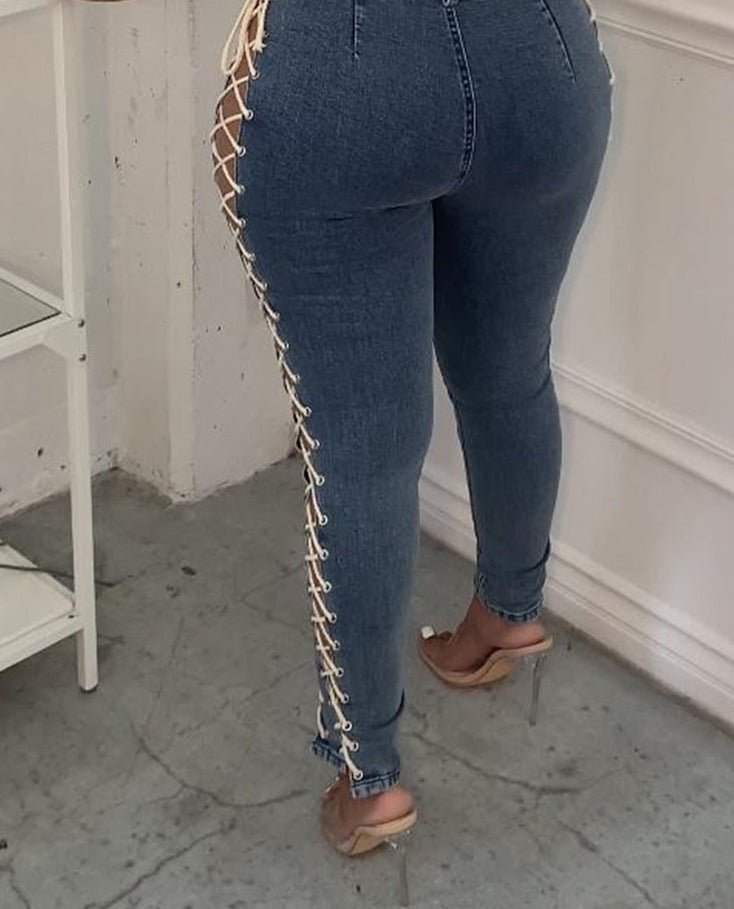 High Waist Lace Up Bandage Pencil Denim Jeans