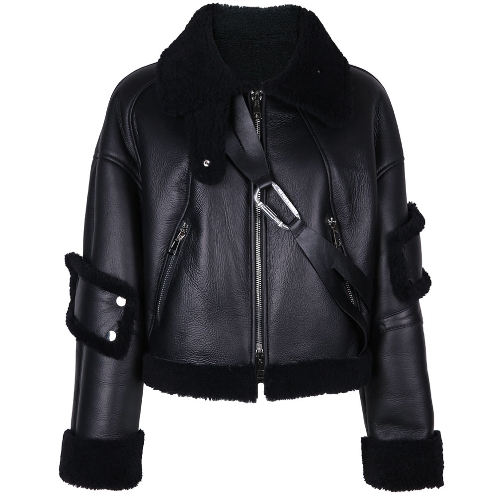 Genuine Leather Moto Jacket Real Shearling Fur High Collar