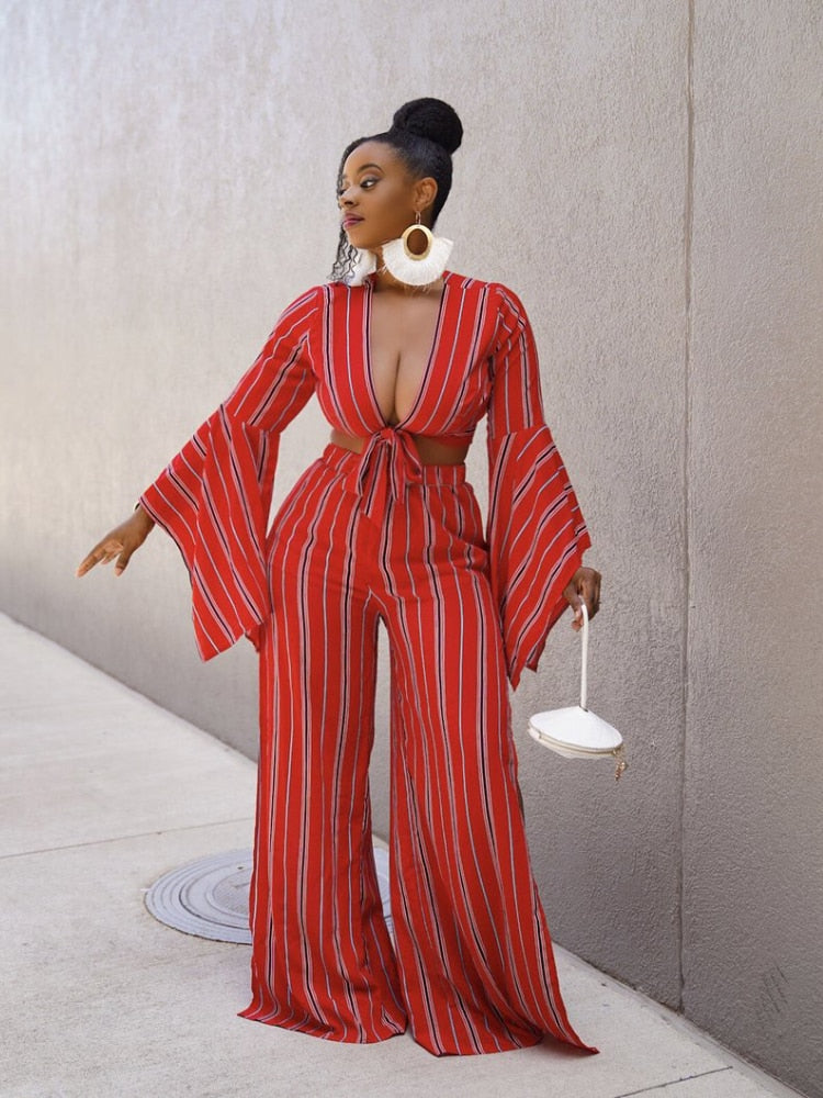 Striped Full Sleeve Crop & Wide Leg Flare Pants Sets