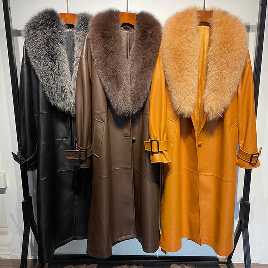 Genuine Leather Long Trench Coats Real Fur Collar