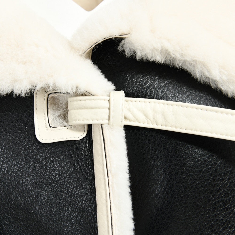 Genuine Leather Shearling Double Face Fur Coat