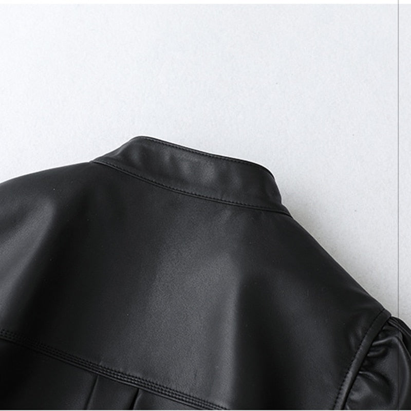 Genuine Leather Jacket Puff Shoulder