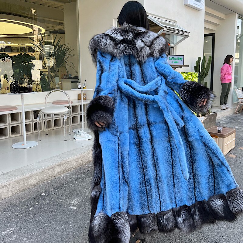 Luxury Real Rabbit Fur X-Long Coats Real Fur Lapel Collar