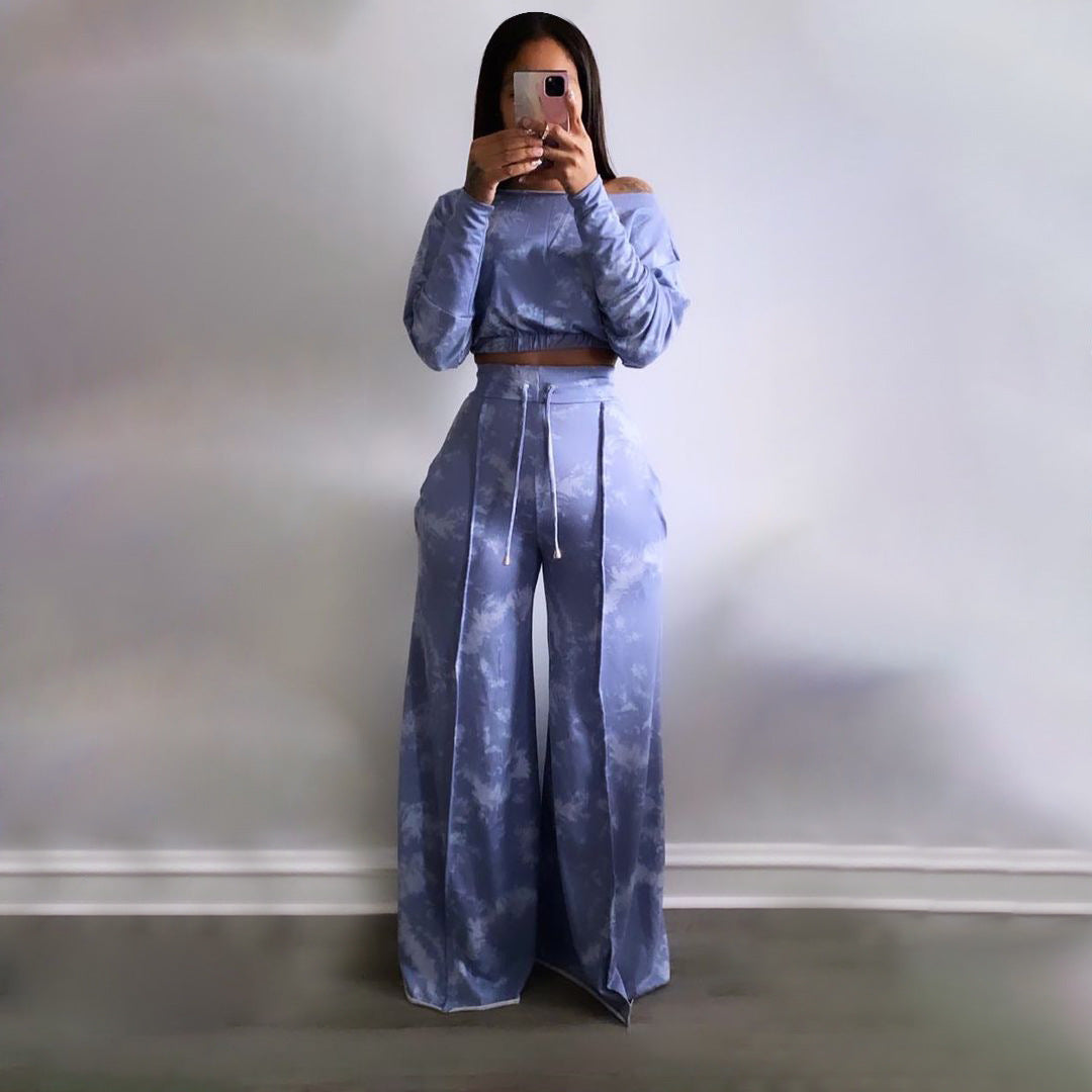 Tie Dye Off Shoulder Crop & Wide Pants Sets