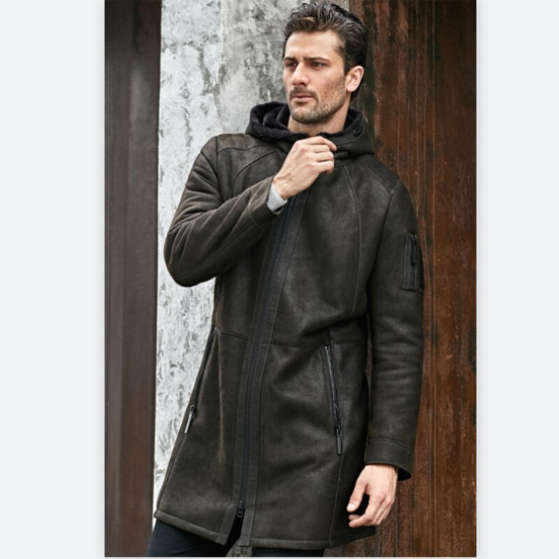 Genuine Leather Hooded Long Coat Real Fur Shearling