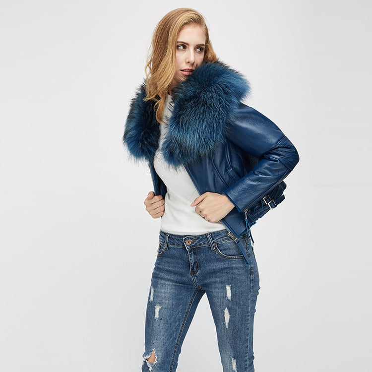 Genuine Leather Moto Jackets Big Fur Collar Wool Liner