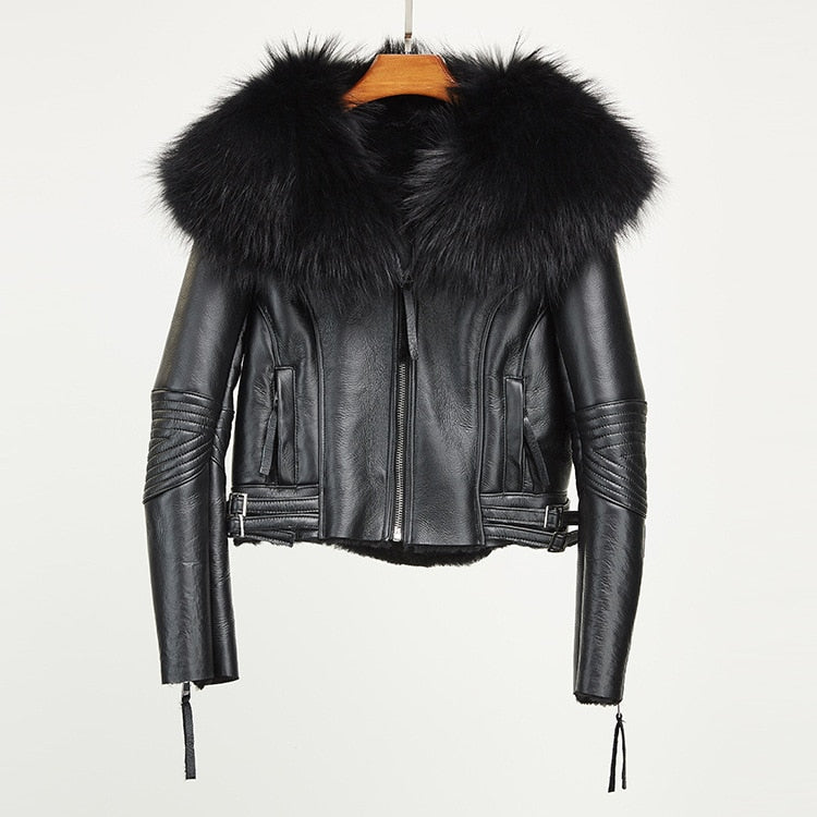 Genuine Leather Moto Jackets Big Fur Collar Wool Liner