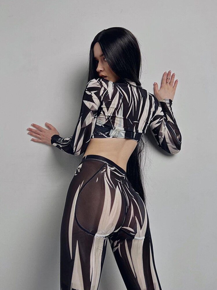 See Through Mesh Print Crop & Pants Sets