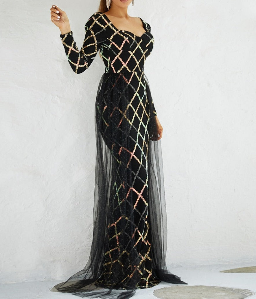 Sequin Mesh Side Drape Sleeved Maxi Dress