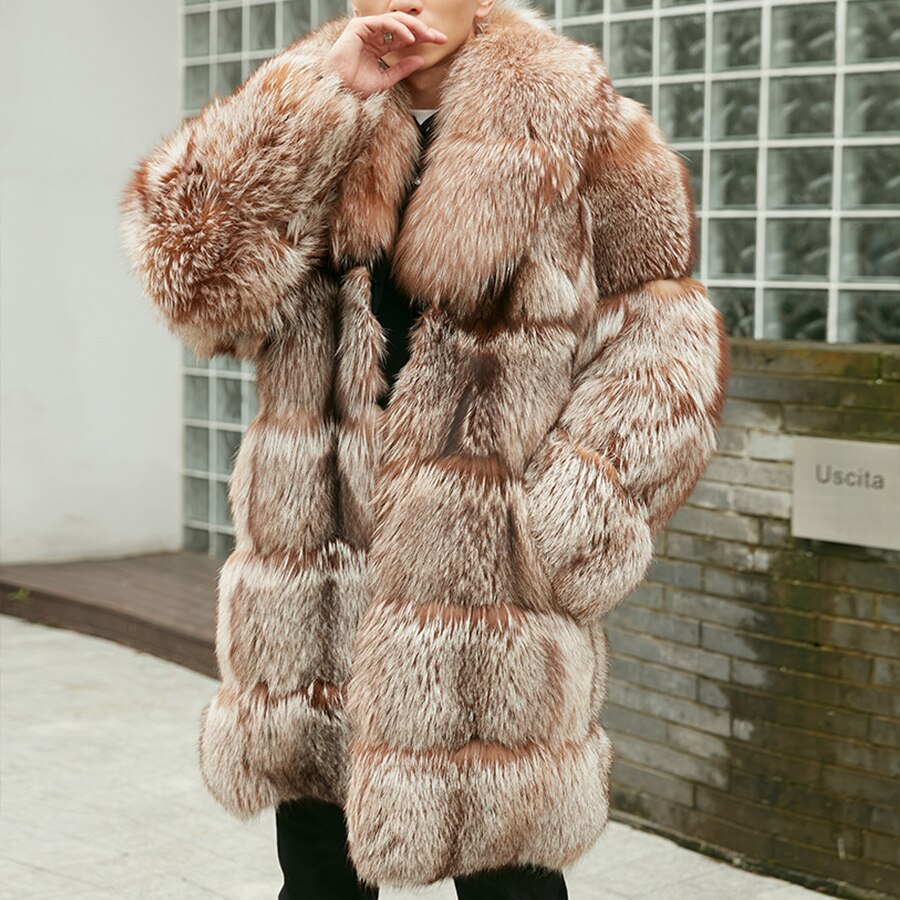 Natural Real Fox Fur Long Coat Big Collar