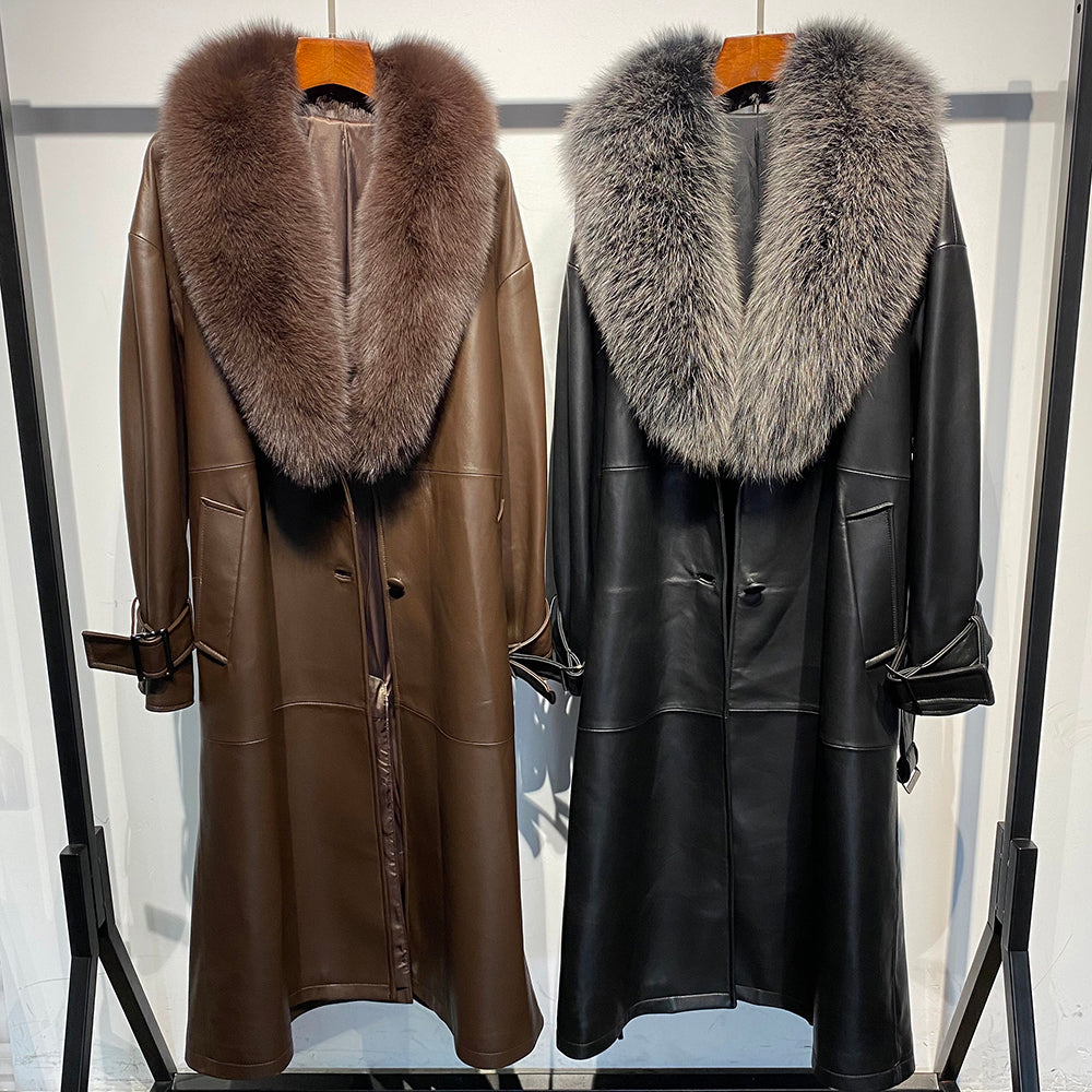 Genuine Leather Long Trench Coats Real Fur Collar