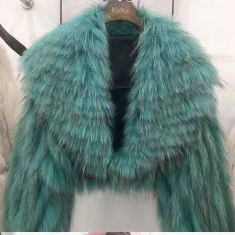 Knitted Real Fur Crop Coats Big Turn-down Collar