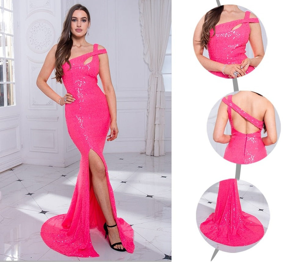 Pink Sequin One Shoulder Sleeveless Maxi Dress