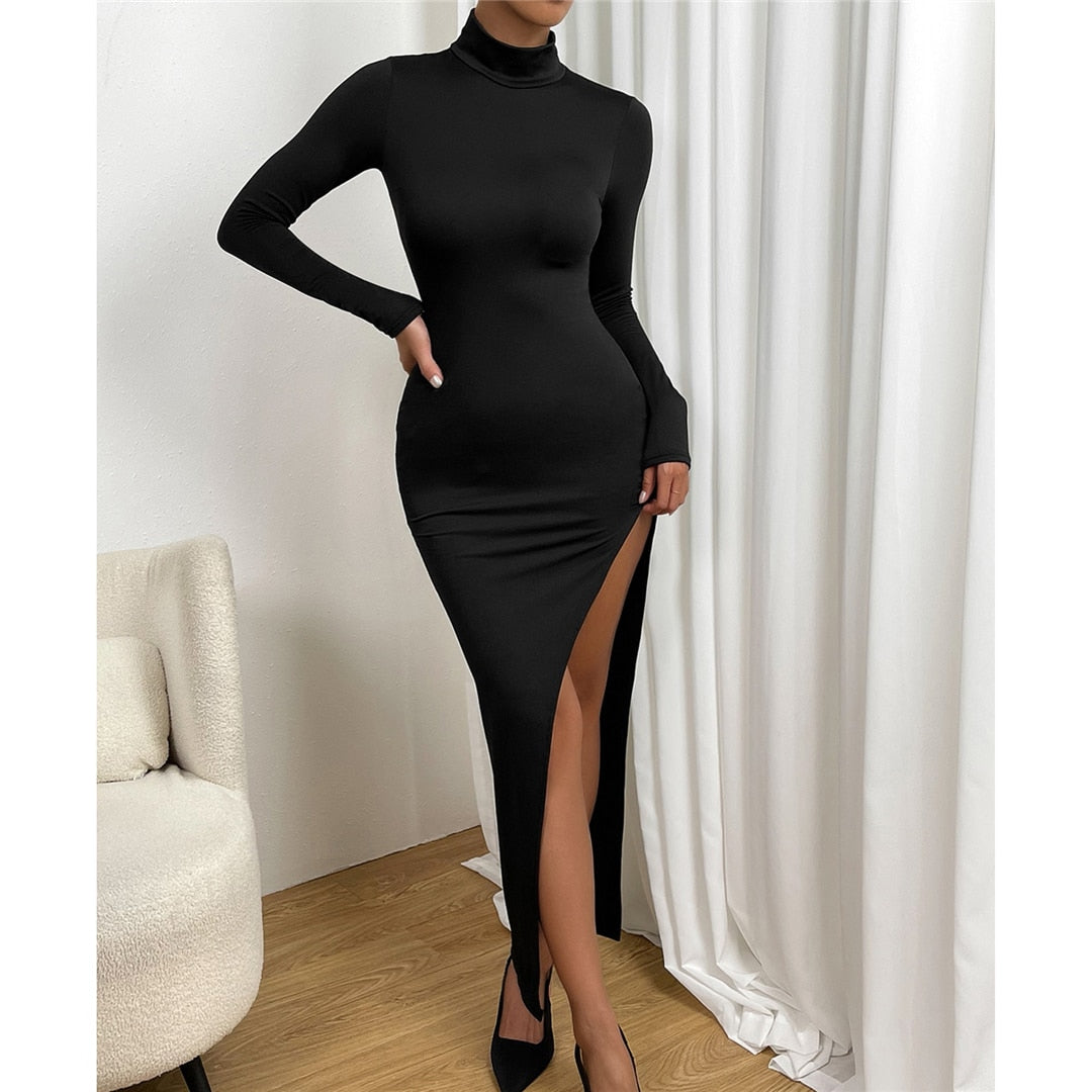 Black Long Sleeve O Neck Split Maxi Dress