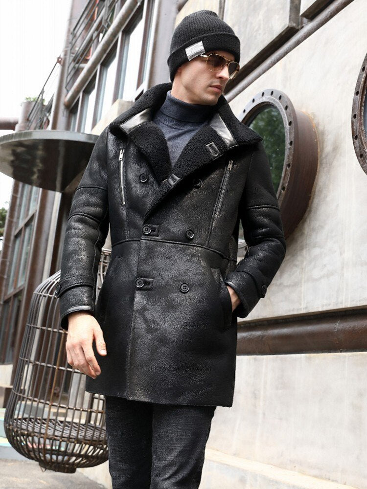 Genuine Leather Double Breasted Real Fur Lining Mid Length Coat