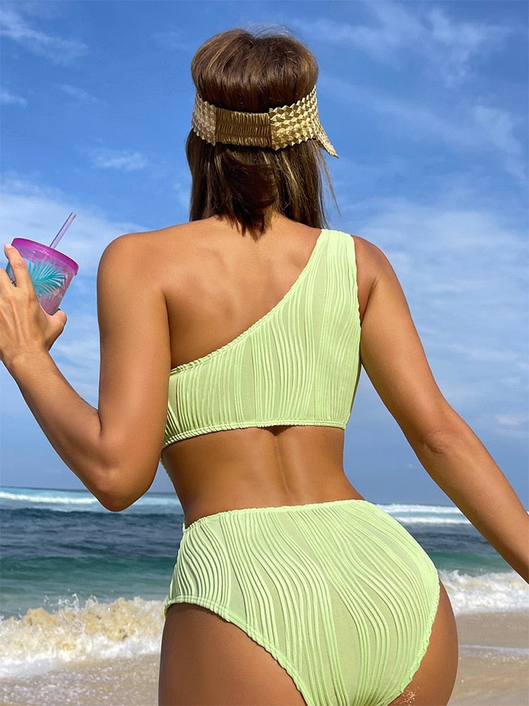 One Shoulder Green Cut Out One Piece Monokini
