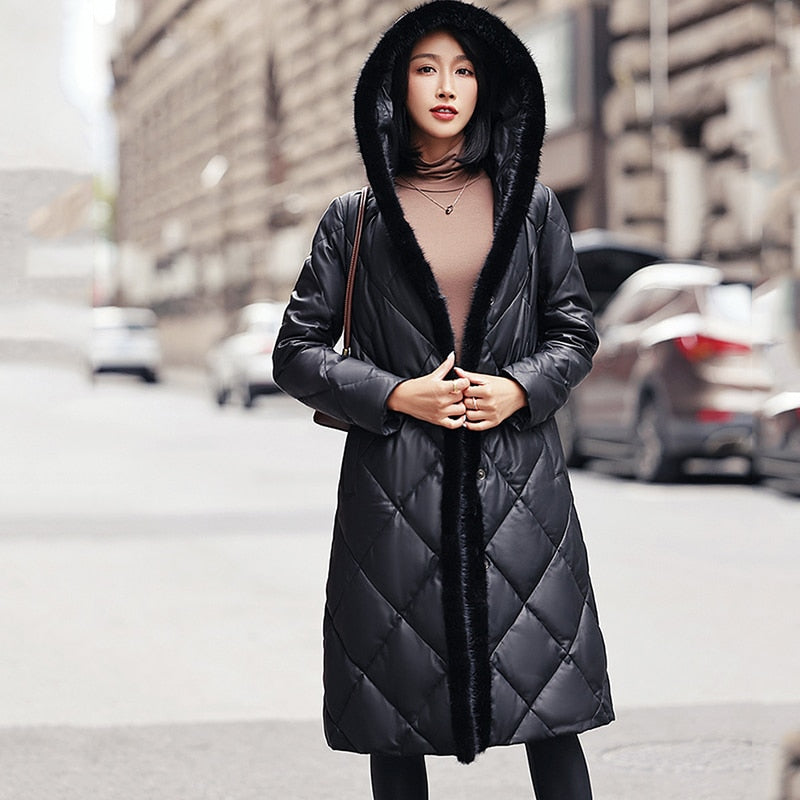 Genuine Leather Long Jacket Mink Fur Collar Hood