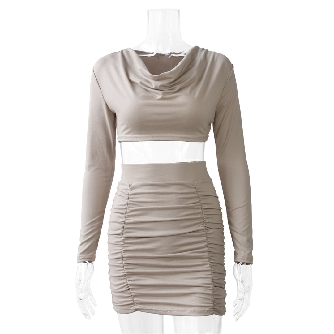 Crop Pleated Long Sleeve & Mini Skirt Set