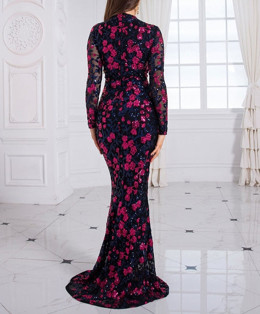 Sequin Flowers Sleeved Mermaid Maxi Dress