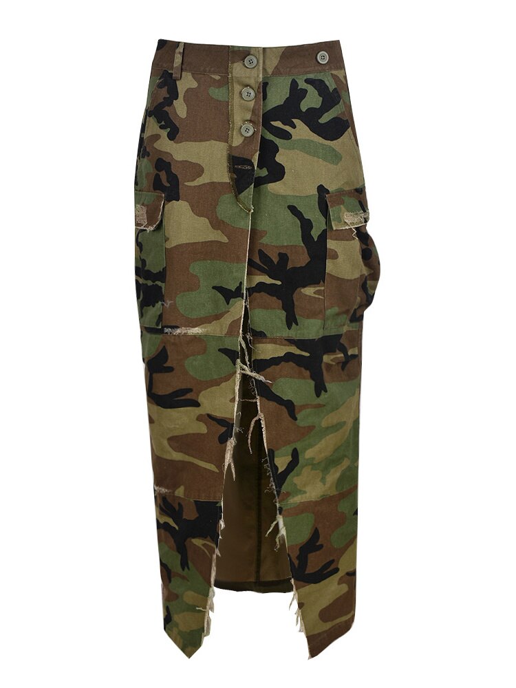 Camouflage High Split Mid-calf Skirts