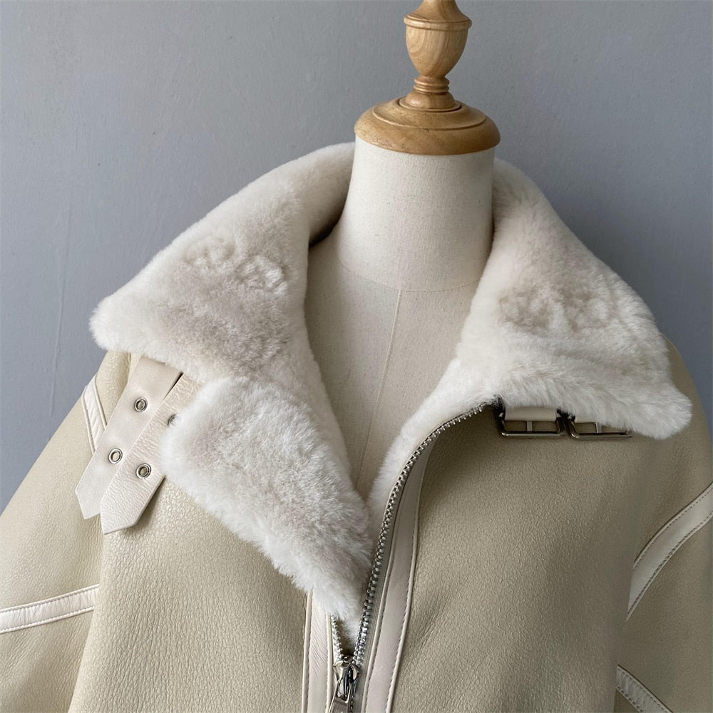 Cream Genuine Leather Coat Shearling Liner Oversized