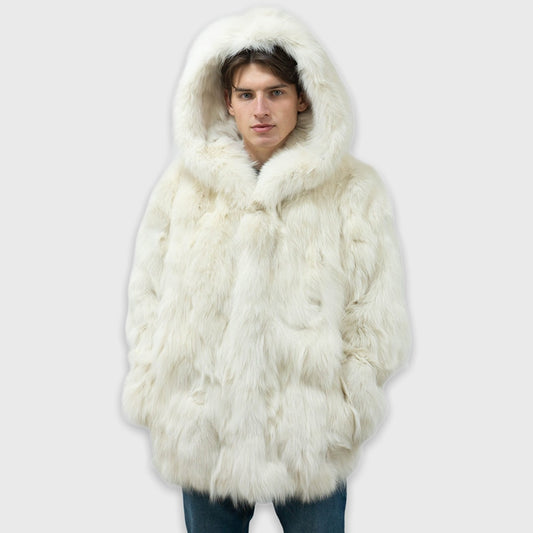 White Real Fur Coat Mid-Length Hooded