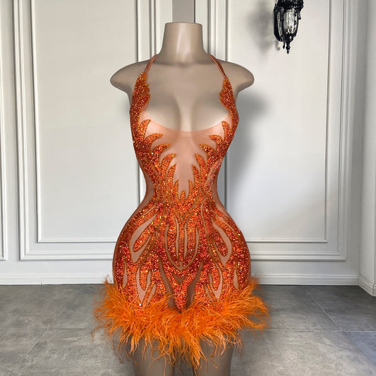 Mesh See Through Halter Orange Crystals Mini Dresses