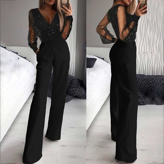 Black V-Neck Mesh Long Sleeve Sequins Jumpsuit