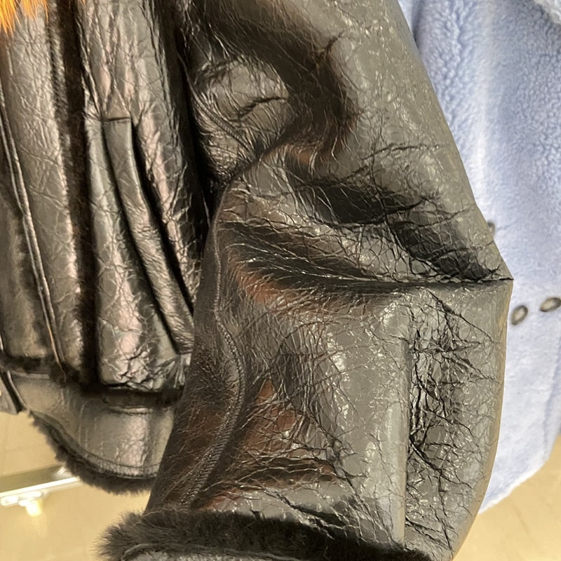 Genuine Leather Moto Jackets Big Fur Collar Shearling Lining