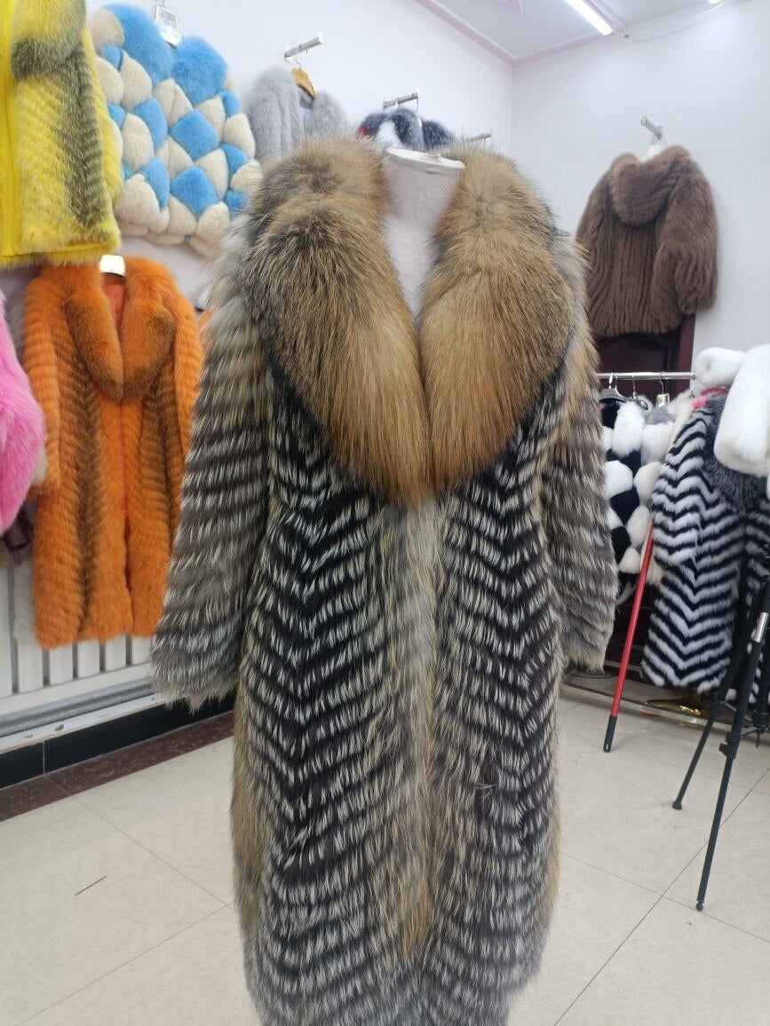 Thin Striped Color Pattern Real Fox Fur Coats  X-Long