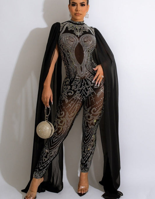 Studded Shawl Drape Slit Sleeves Jumpsuits
