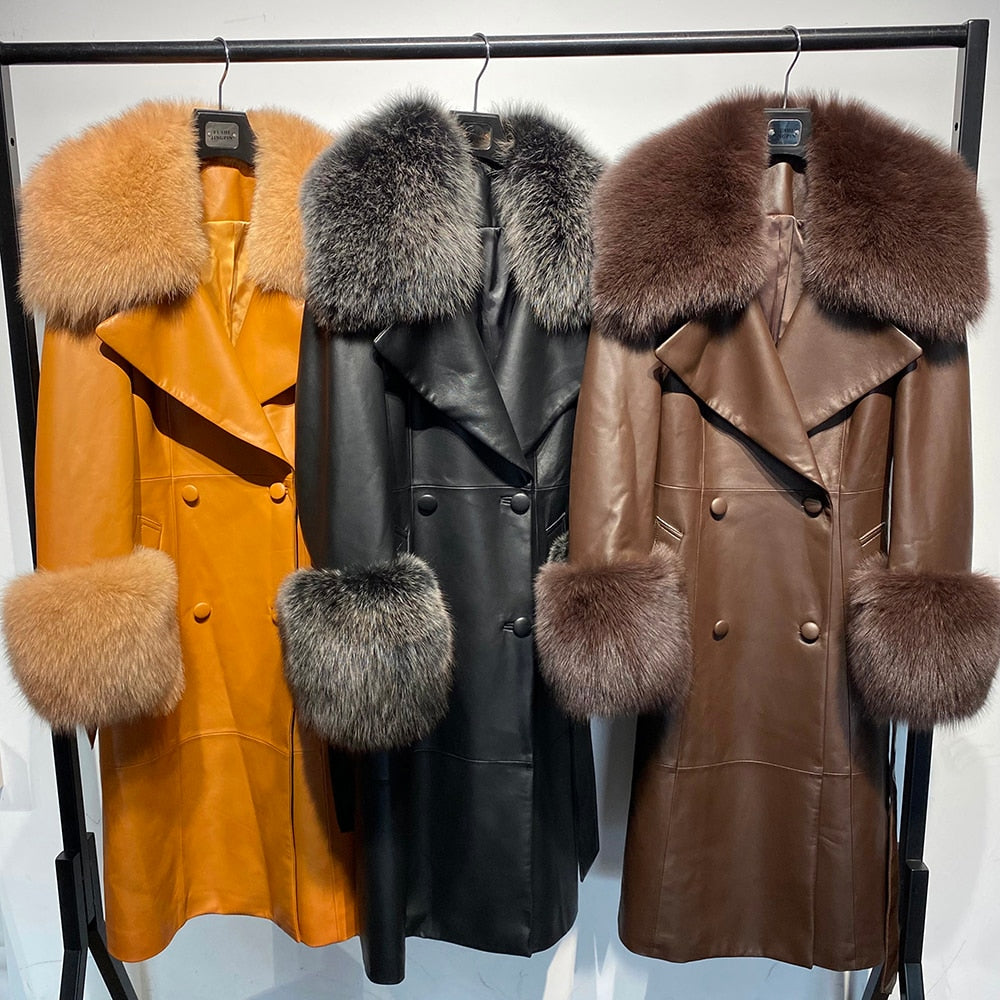 Genuine Leather Trench Coats Real Fur Big Collar & Cuffs