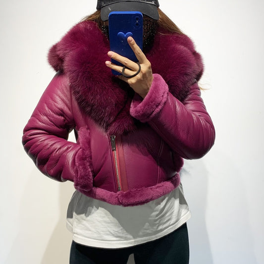 Genuine Leather Coat Real Shearling Fur Removable Hood